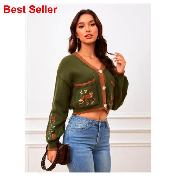 Floral Embroidered Cropped Cardigan Open Front Western Sweater Boho Cottagecore - Picture 4 of 7